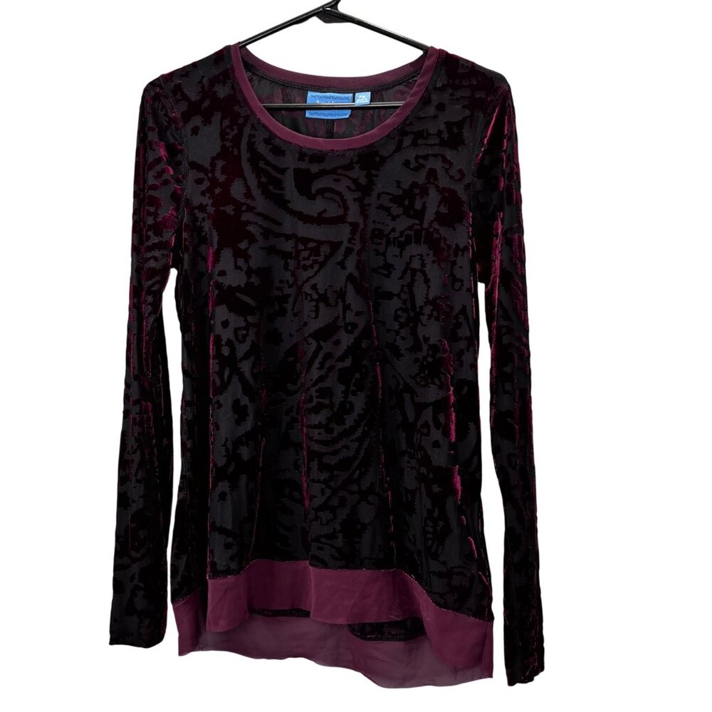 Simply Vera Wang Velvet Burnout Top PM Petite M Burgundy Black  Long Sleeve Mesh